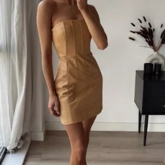 ZARA WOMAN NWT CARAMEL FAUX LEATHER DRESS SIZE MEDIUM - Picture 1 of 10